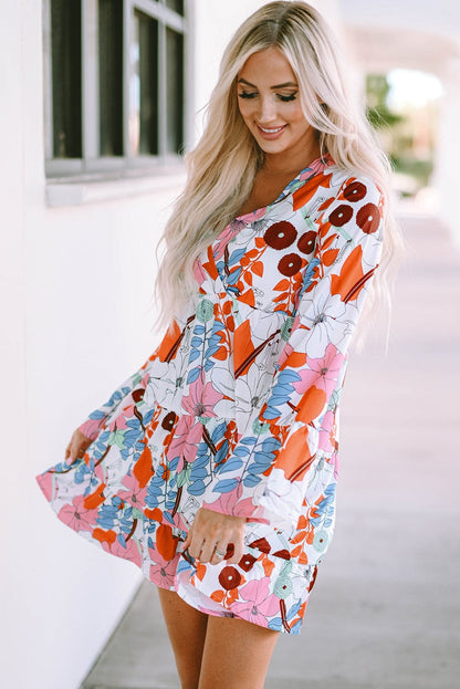 Floral Crepe Bell Sleeve Mini Dress