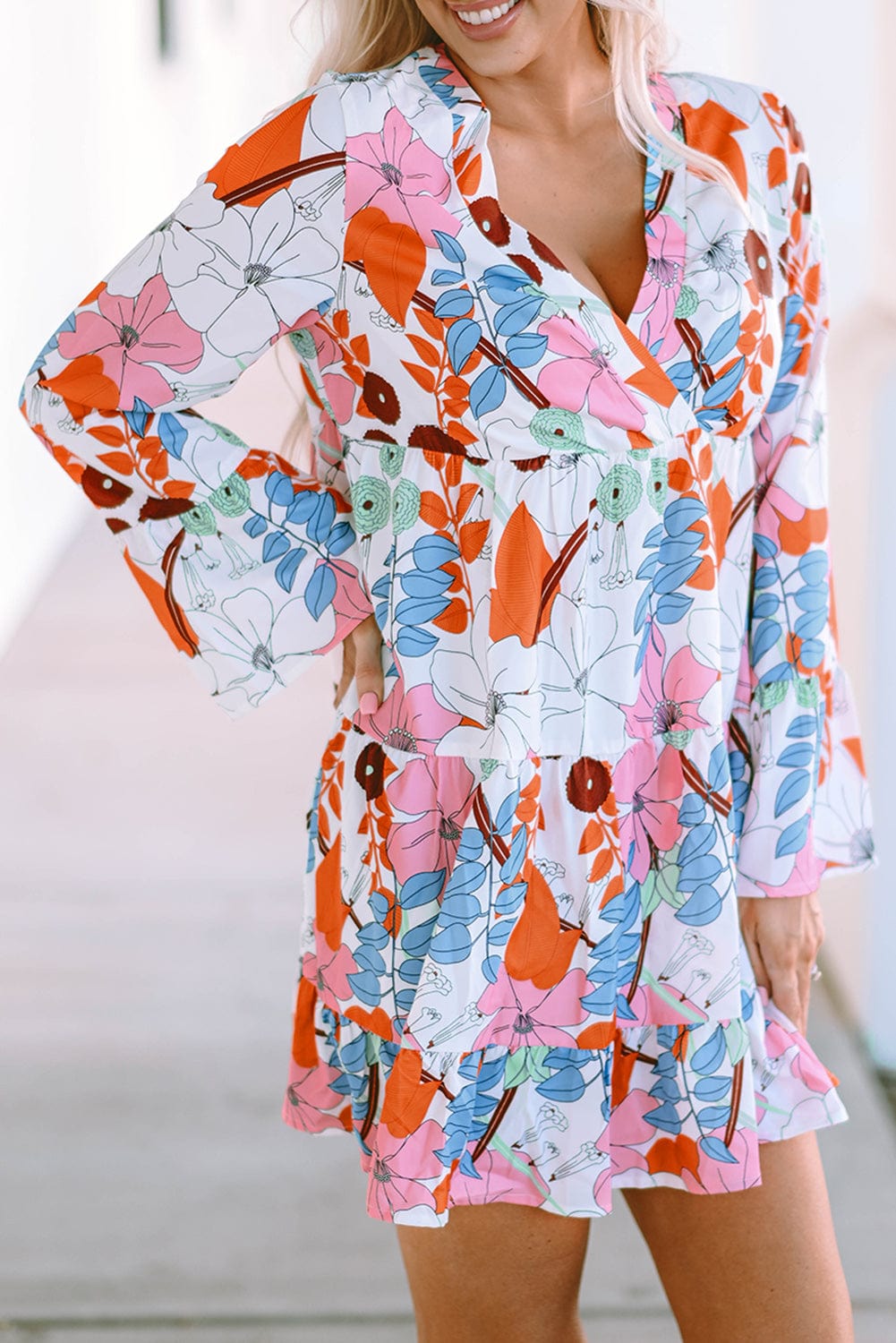 Floral Crepe Bell Sleeve Mini Dress