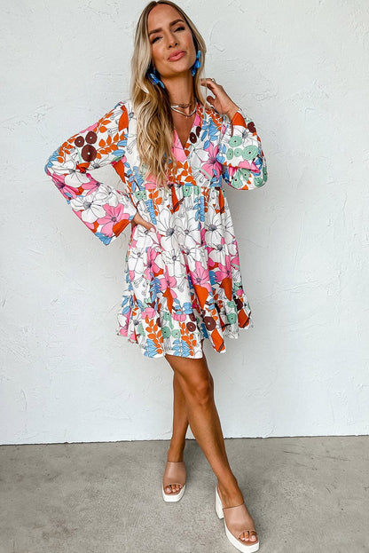Floral Crepe Bell Sleeve Mini Dress