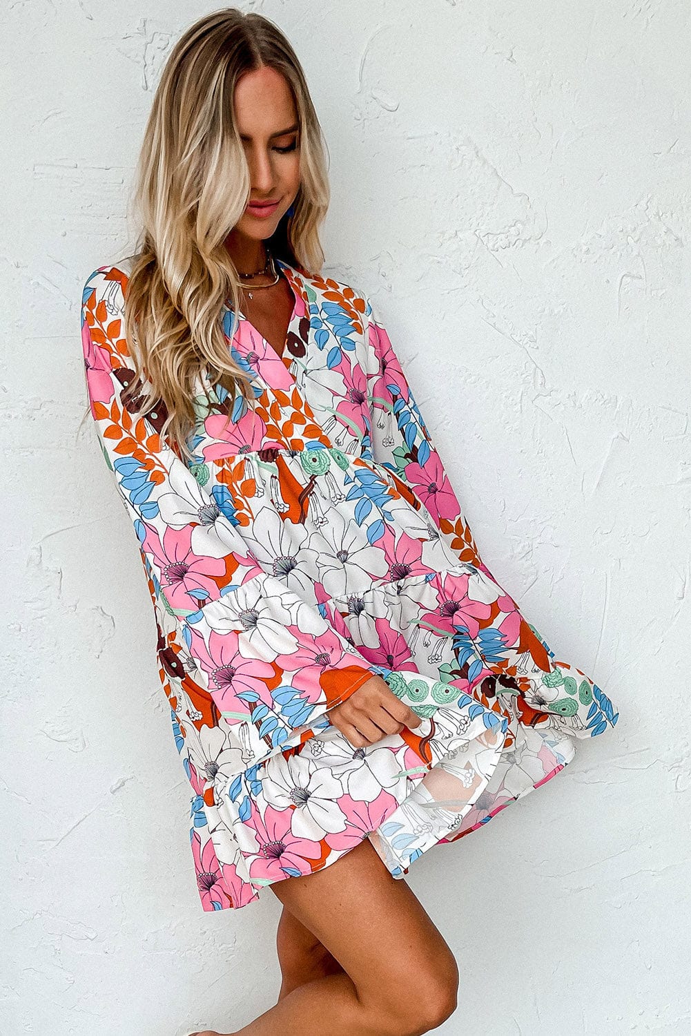 Floral Crepe Bell Sleeve Mini Dress