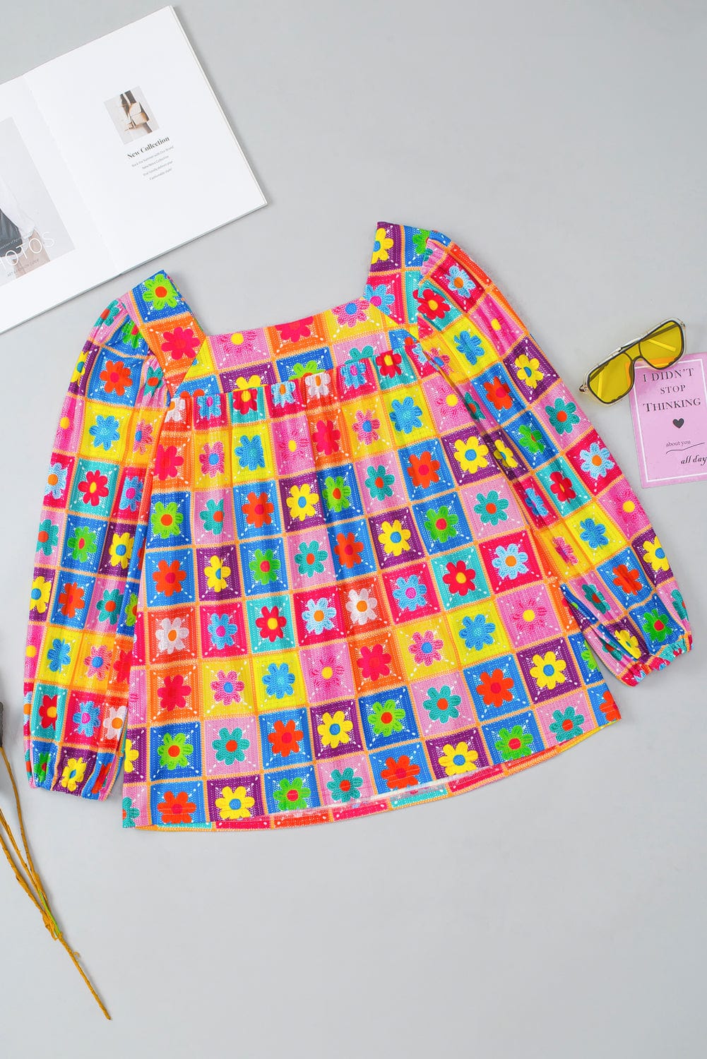 Floral Crochet Puff Sleeve Multicolor Blouse