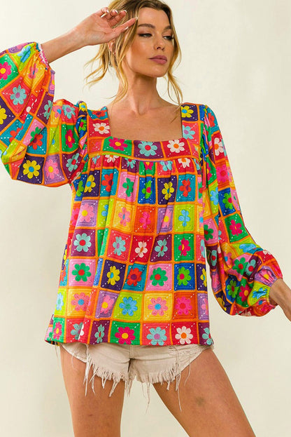 Floral Crochet Puff Sleeve Multicolor Blouse