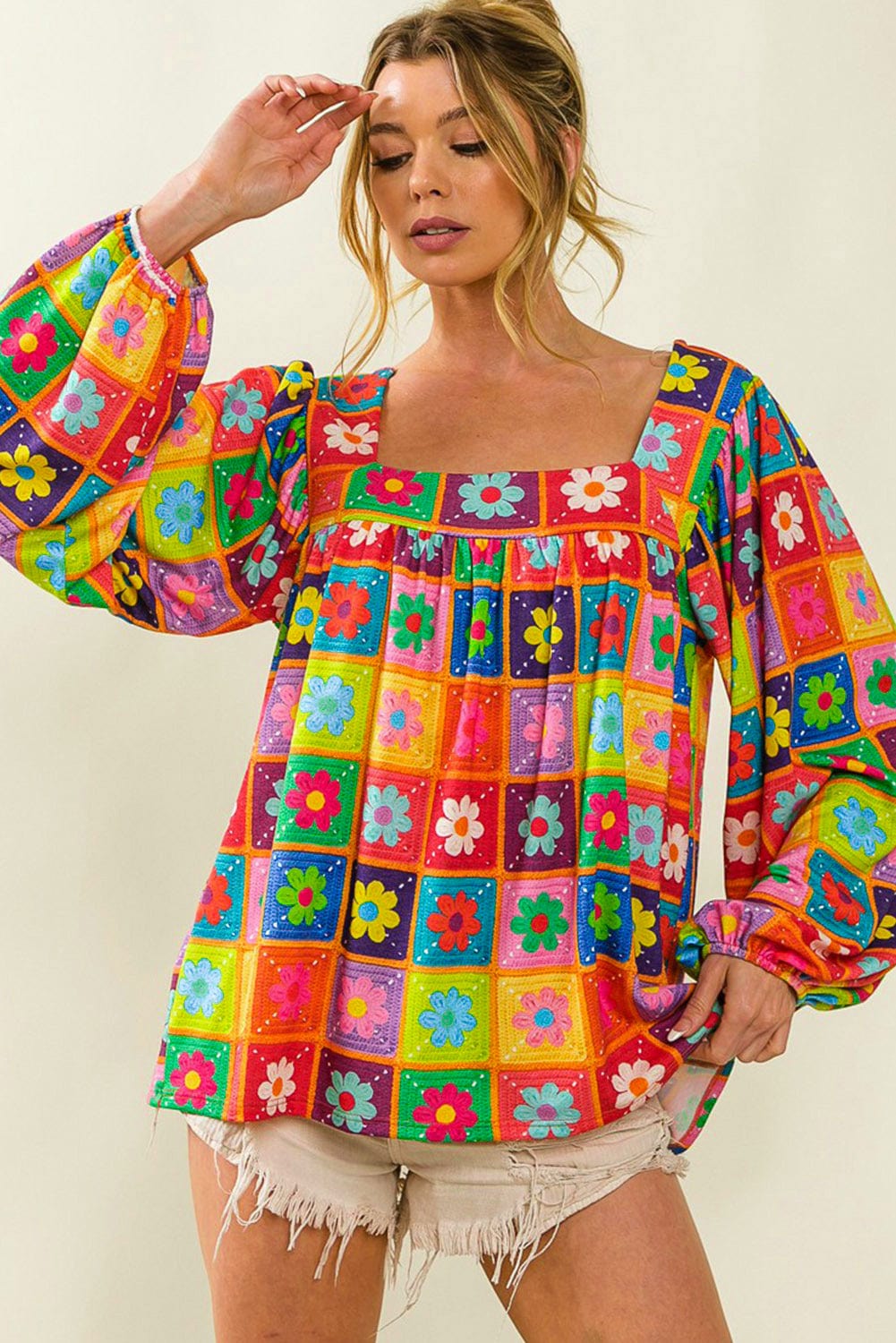 Floral Crochet Puff Sleeve Multicolor Blouse
