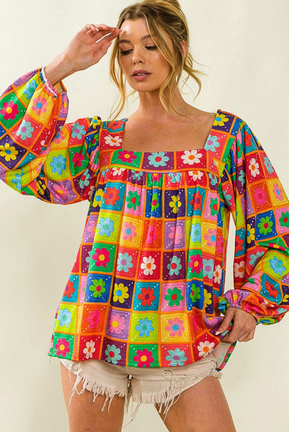 Floral Crochet Puff Sleeve Multicolor Blouse