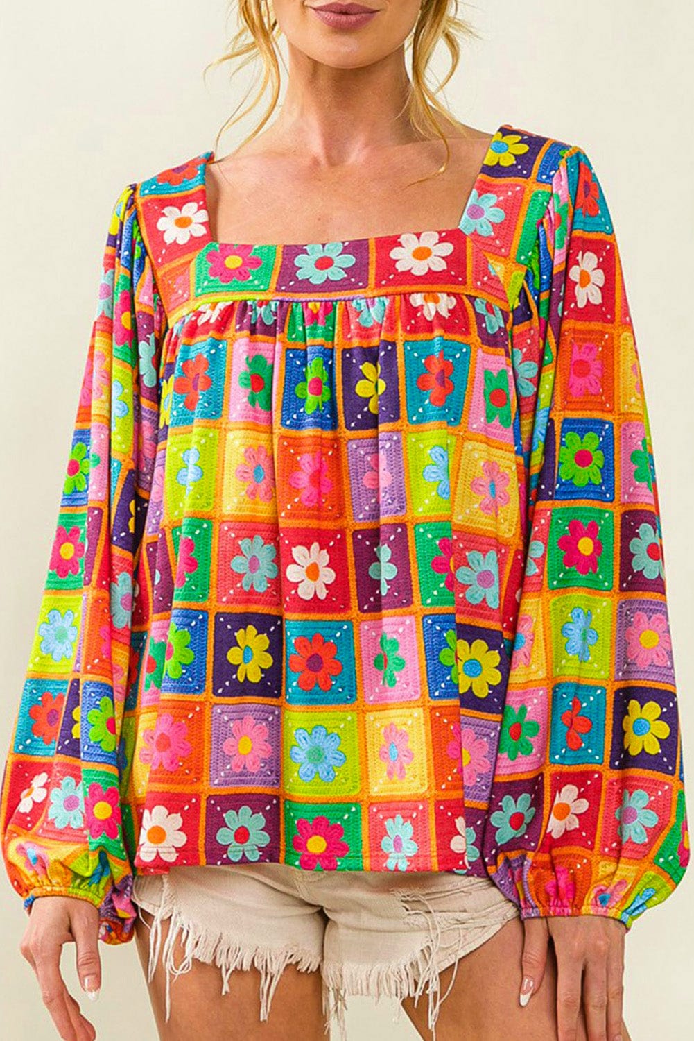 Floral Crochet Puff Sleeve Multicolor Blouse