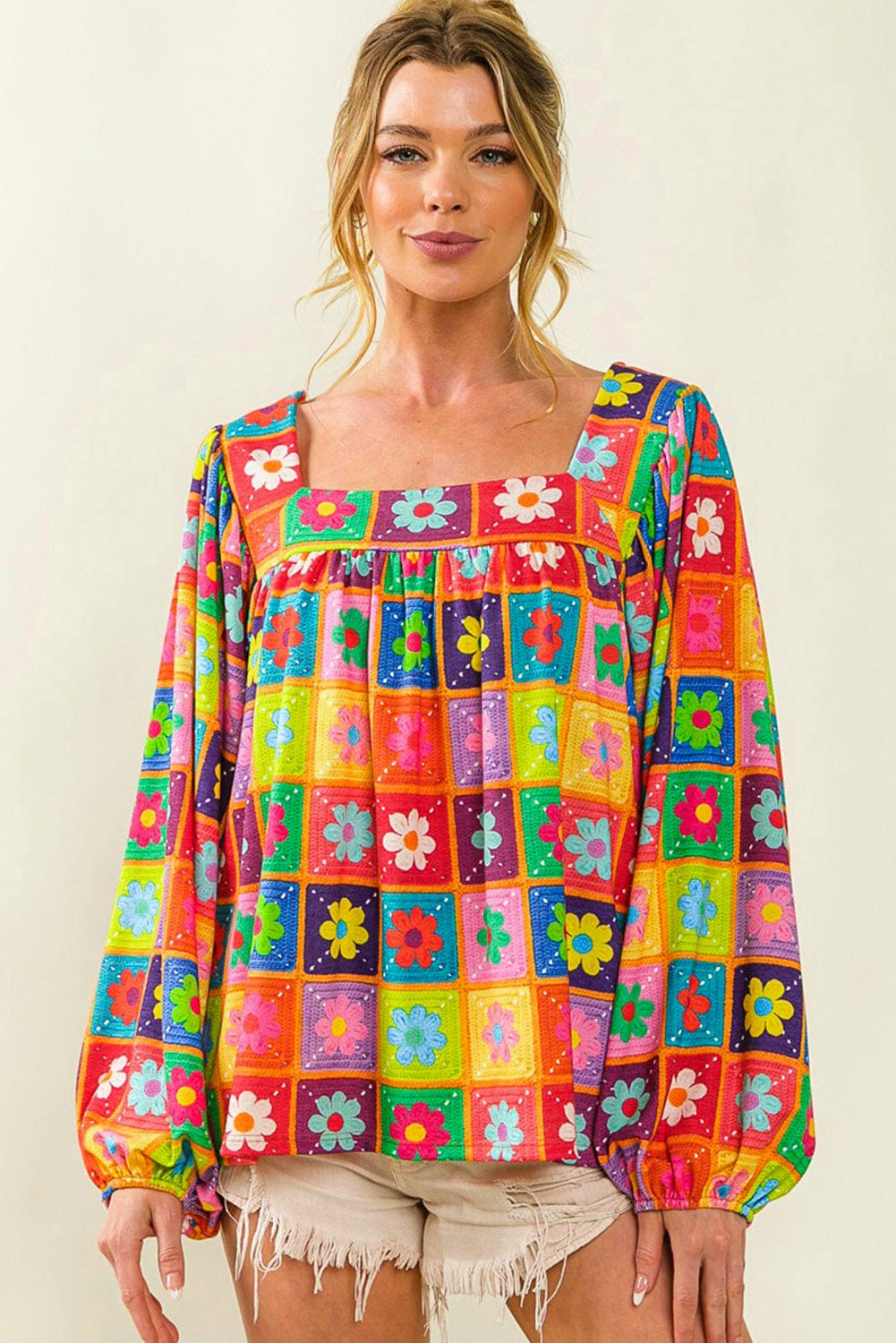 Floral Crochet Puff Sleeve Multicolor Blouse