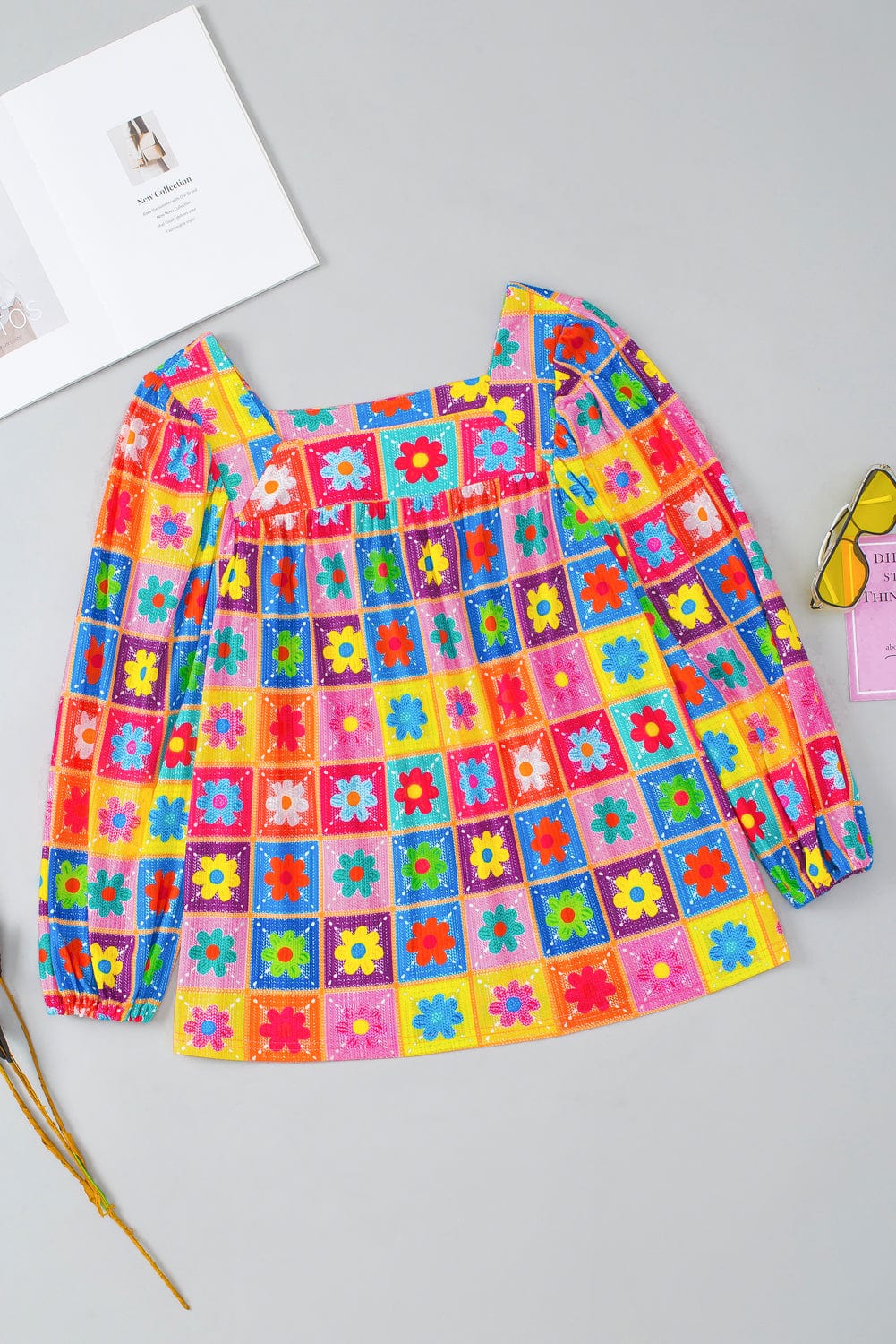 Floral Crochet Puff Sleeve Multicolor Blouse