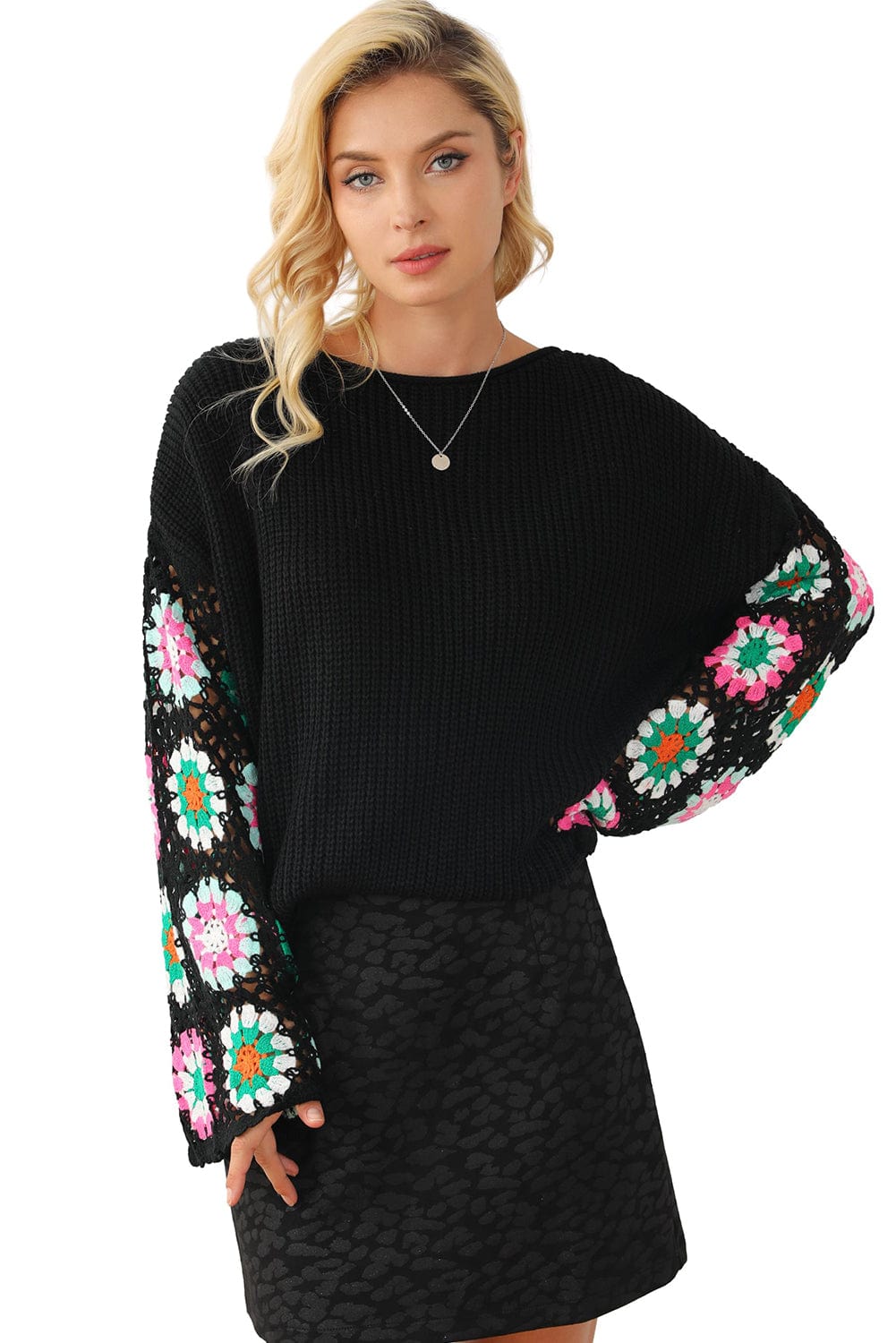Floral Crochet Sleeve Cozy Black Sweater