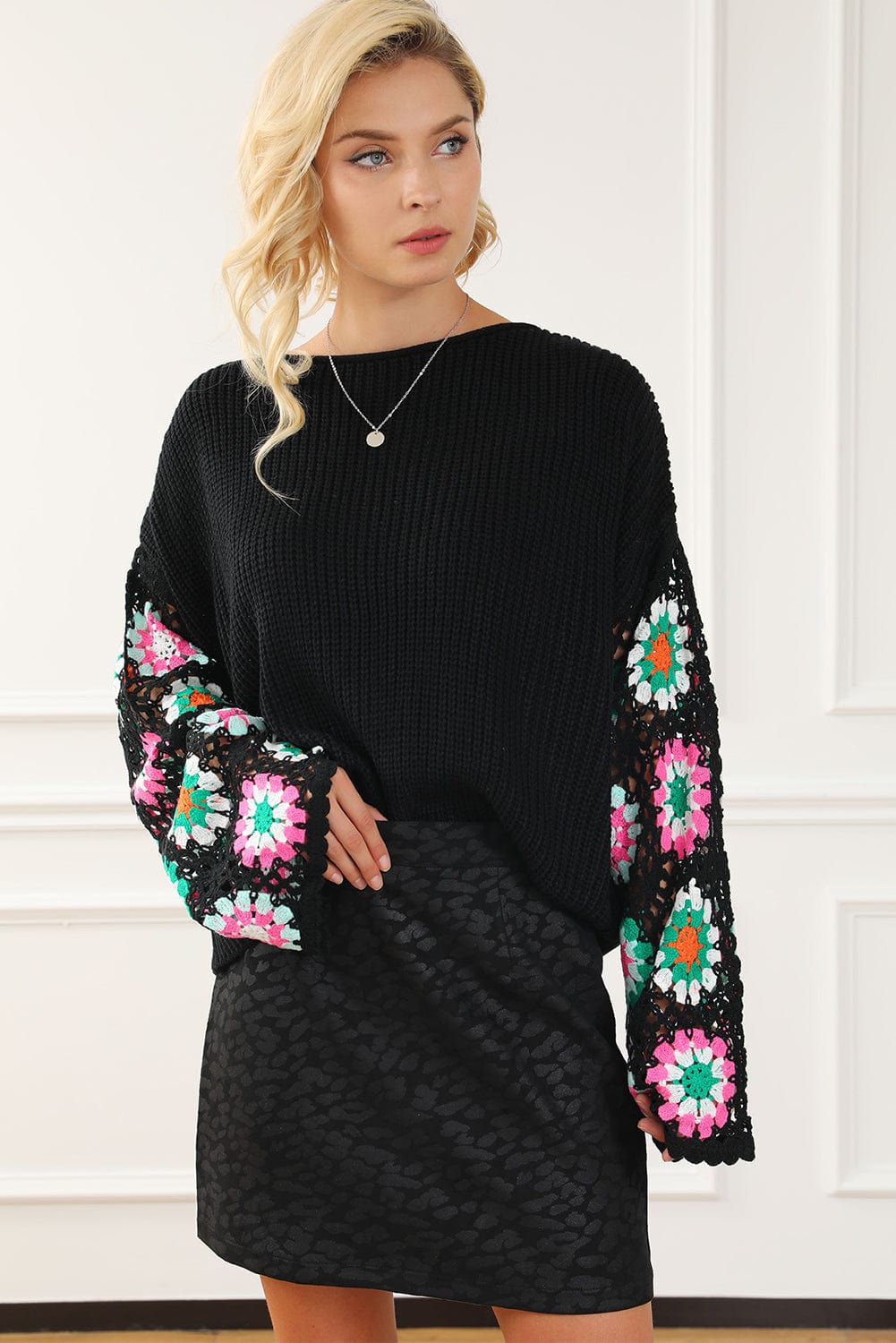 Floral Crochet Sleeve Cozy Black Sweater