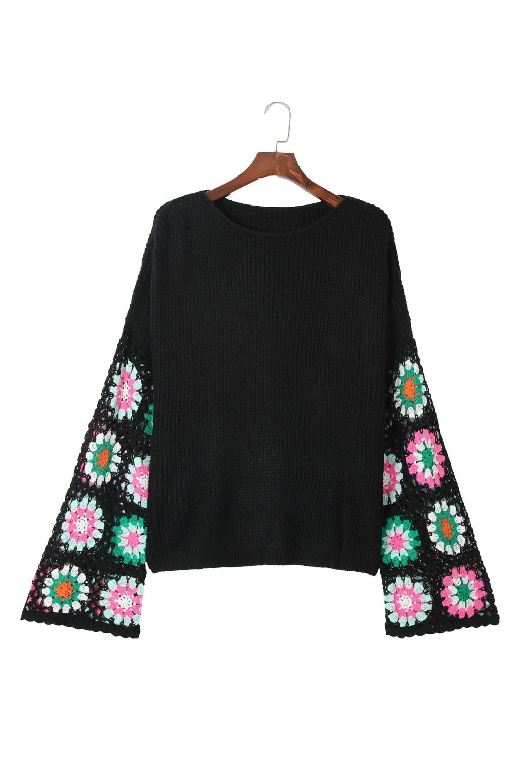 Floral Crochet Sleeve Cozy Black Sweater