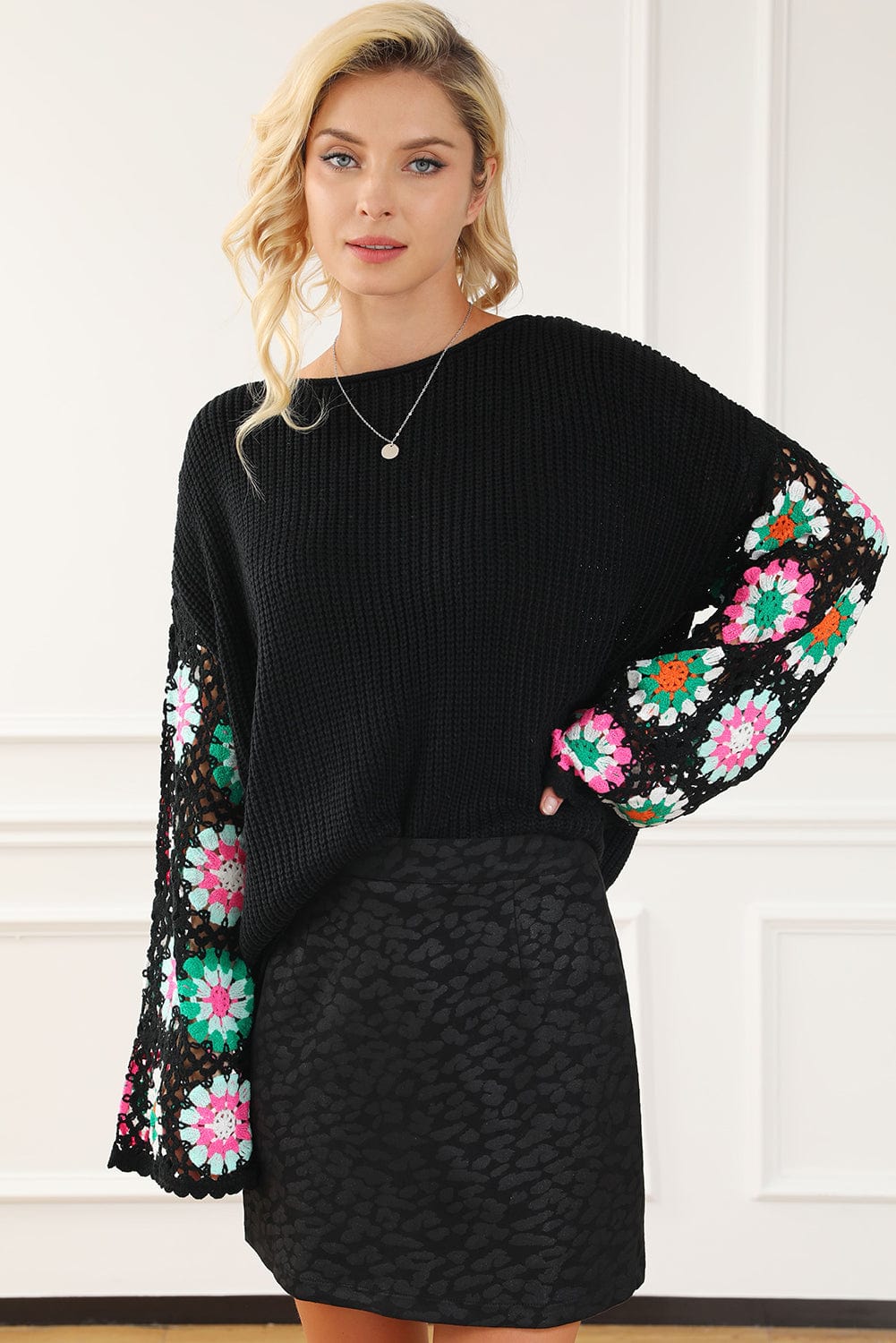 Floral Crochet Sleeve Cozy Black Sweater