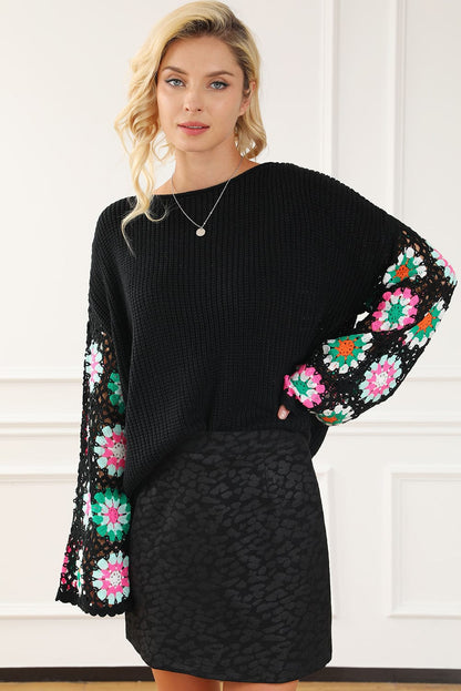 Floral Crochet Sleeve Cozy Black Sweater