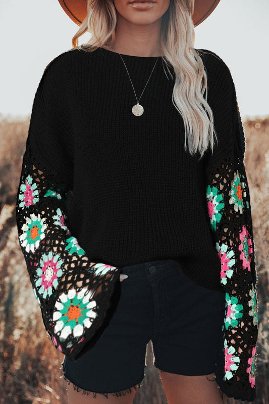 Floral Crochet Sleeve Cozy Black Sweater