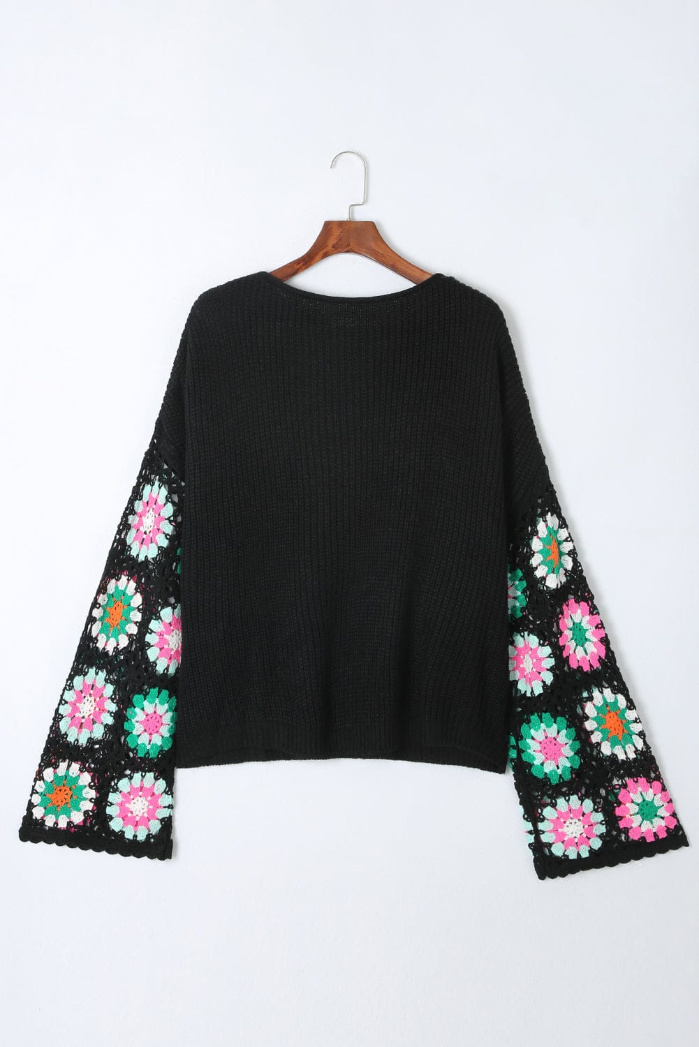 Floral Crochet Sleeve Cozy Black Sweater