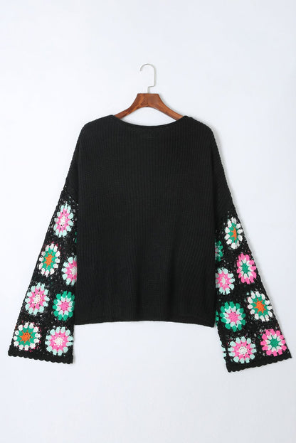 Floral Crochet Sleeve Cozy Black Sweater
