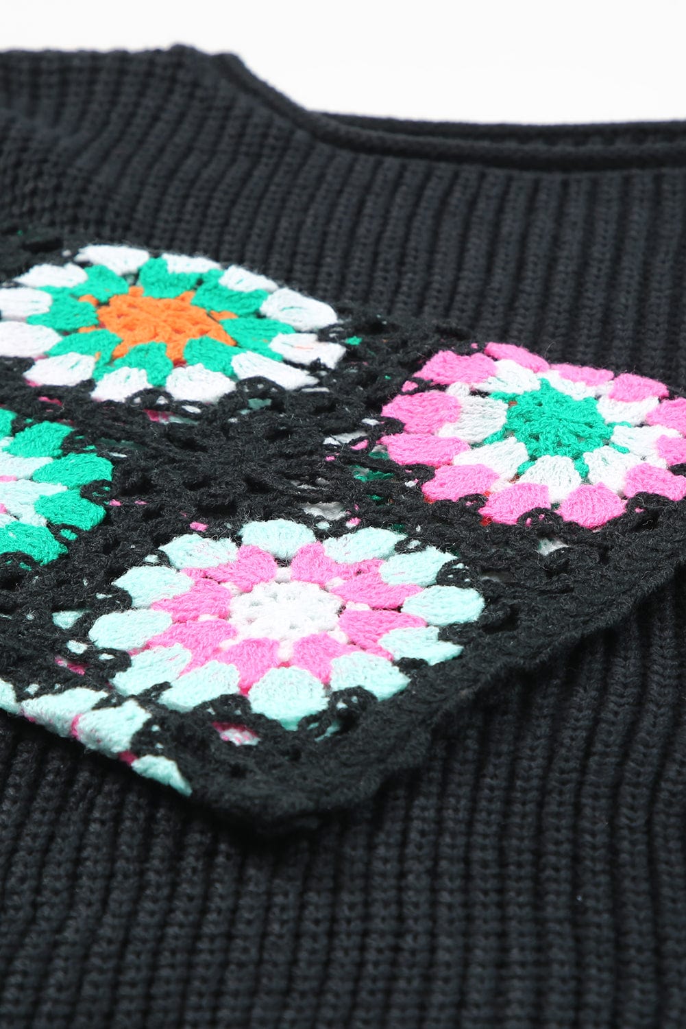 Floral Crochet Sleeve Cozy Black Sweater