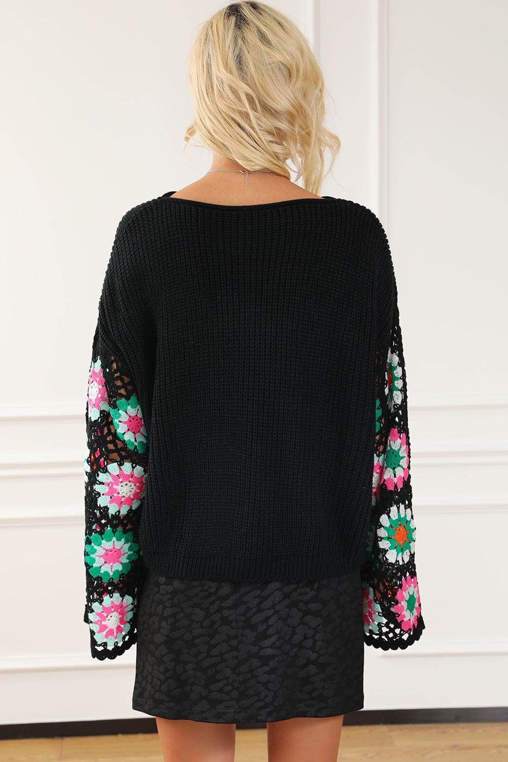 Floral Crochet Sleeve Cozy Black Sweater
