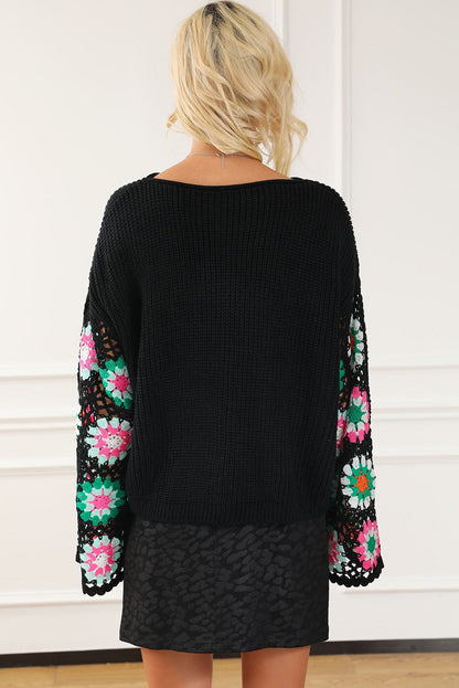 Floral Crochet Sleeve Cozy Black Sweater