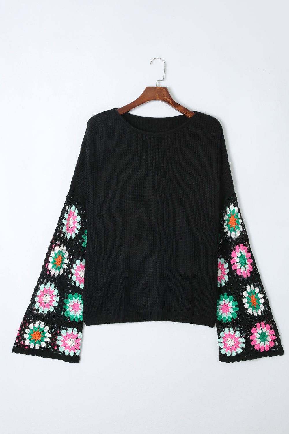 Floral Crochet Sleeve Cozy Black Sweater