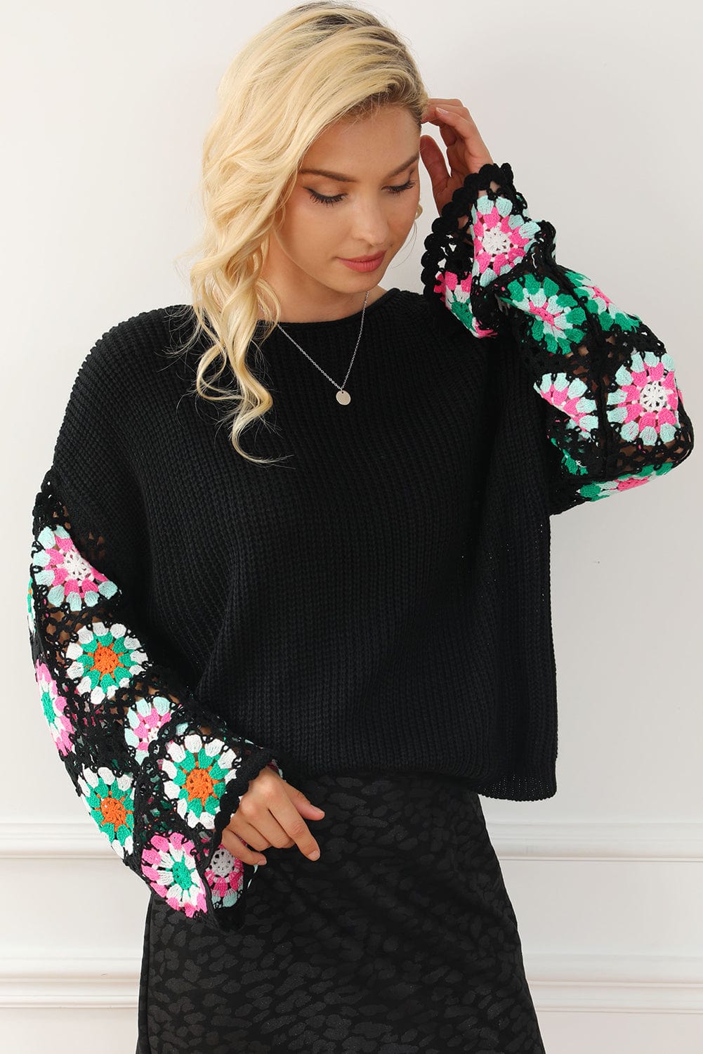 Floral Crochet Sleeve Cozy Black Sweater