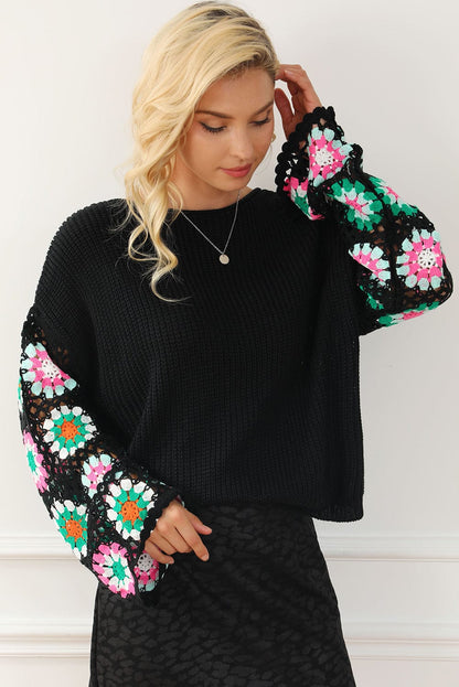 Floral Crochet Sleeve Cozy Black Sweater