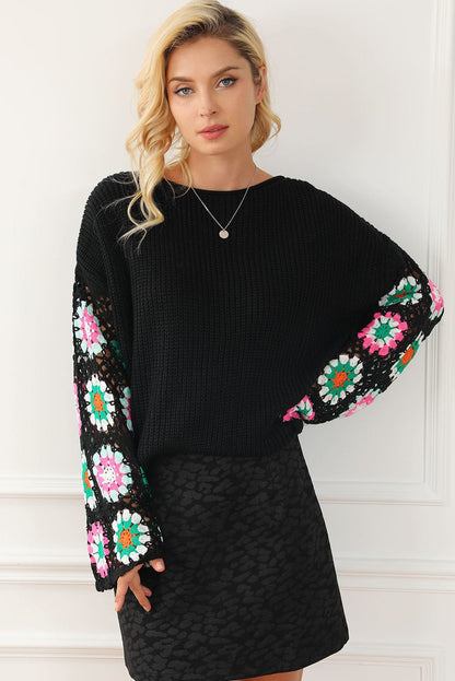 Floral Crochet Sleeve Cozy Black Sweater