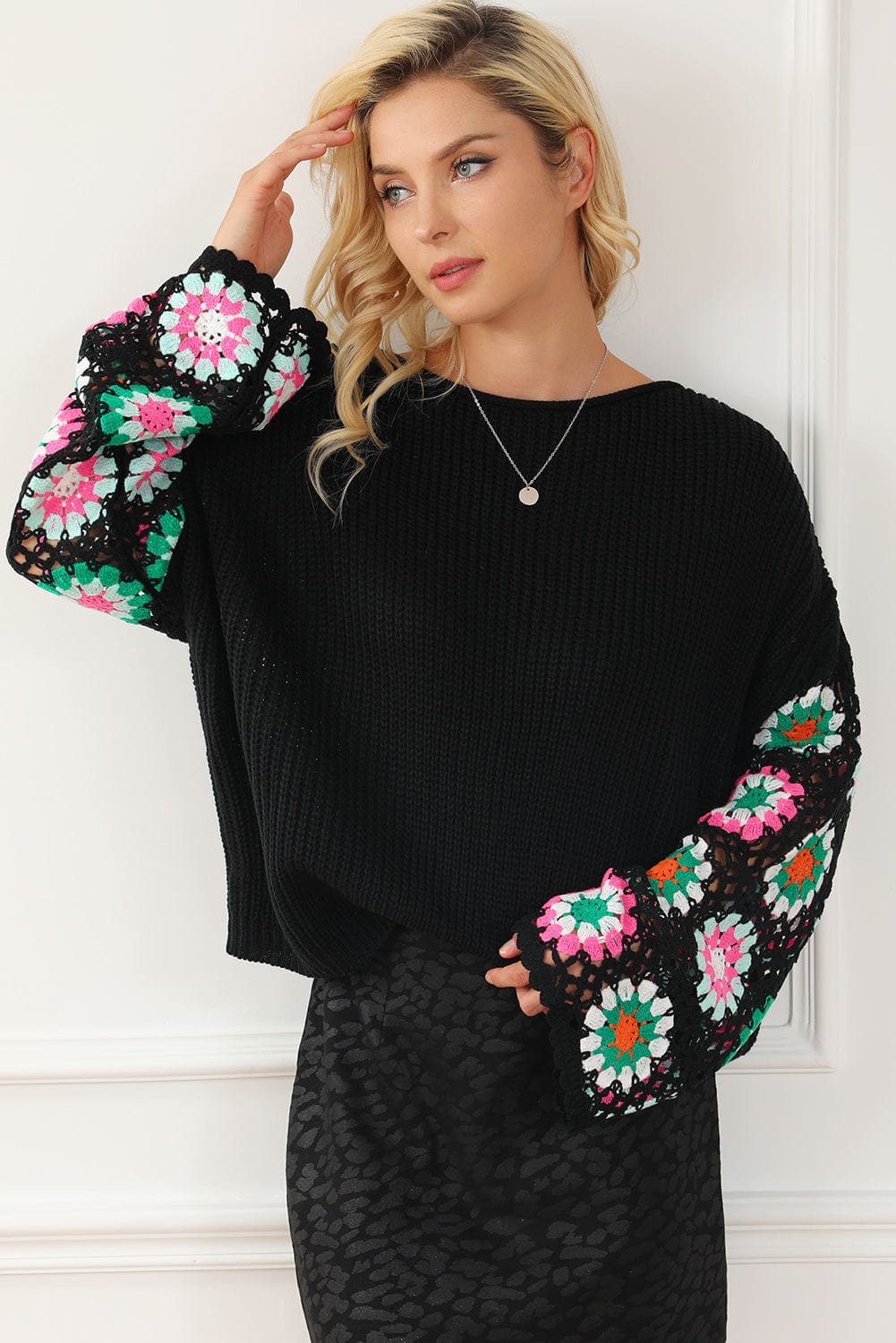 Floral Crochet Sleeve Cozy Black Sweater