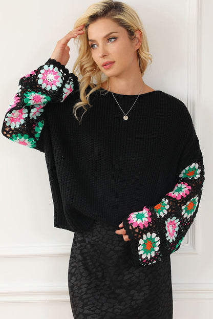 Floral Crochet Sleeve Cozy Black Sweater
