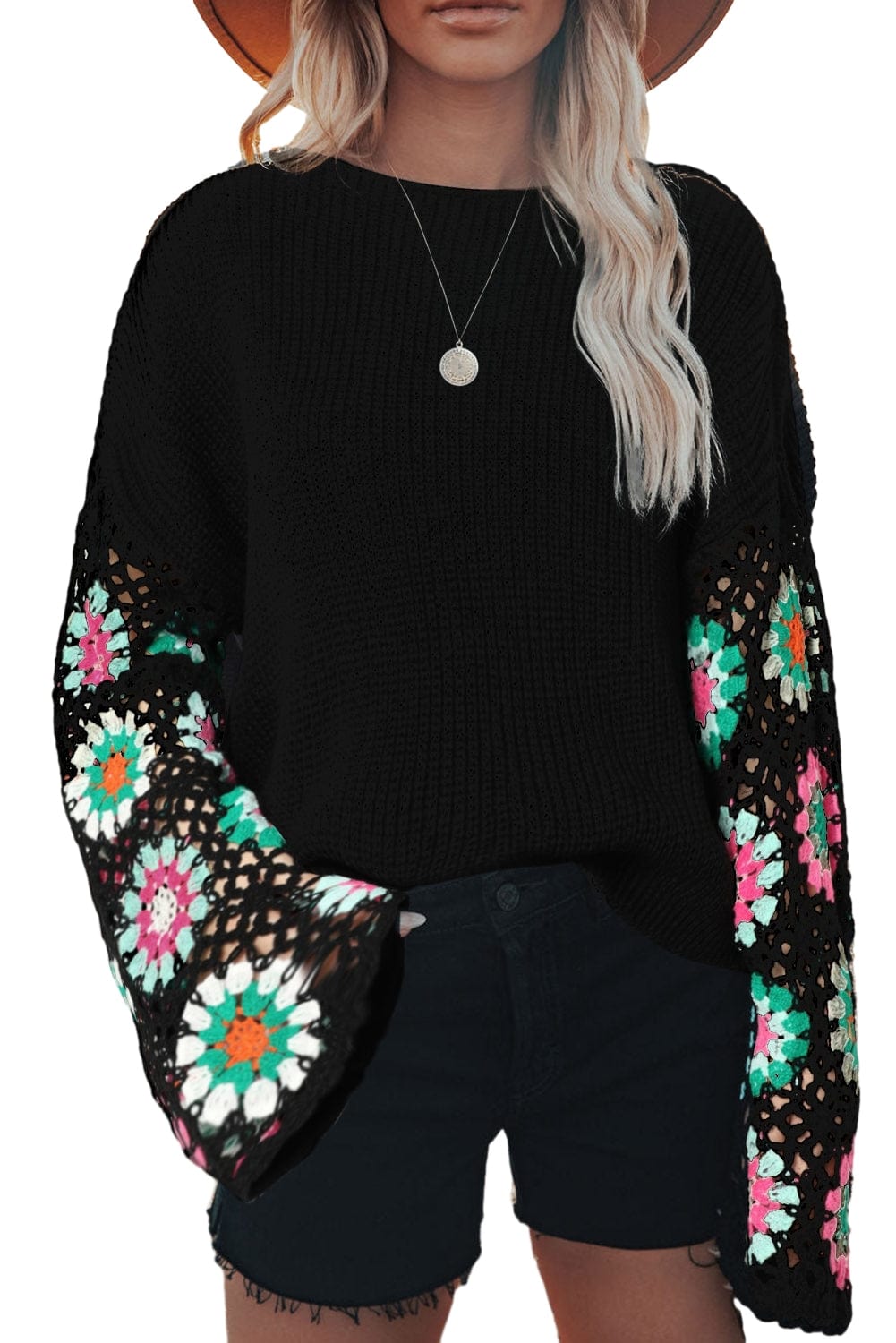 Floral Crochet Sleeve Cozy Black Sweater