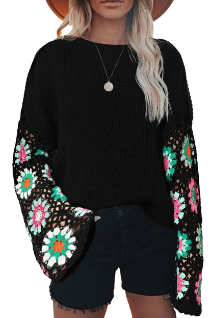 Floral Crochet Sleeve Cozy Black Sweater
