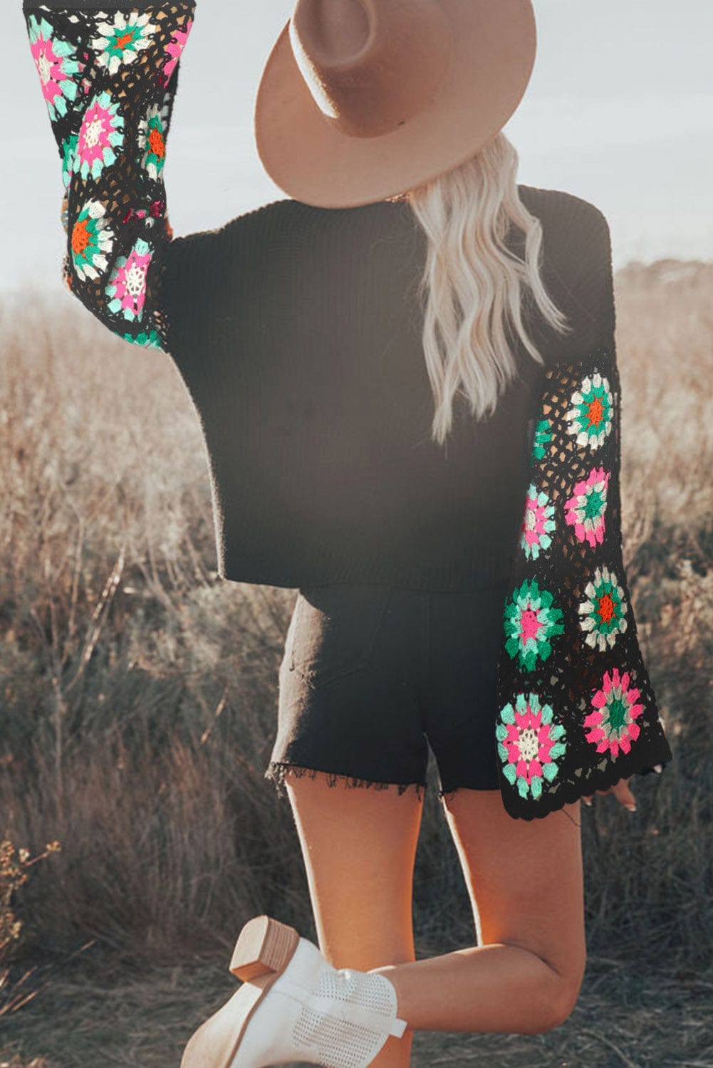 Floral Crochet Sleeve Cozy Black Sweater