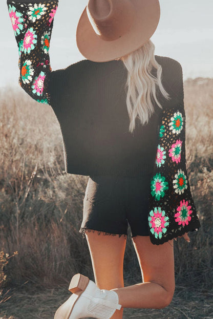 Floral Crochet Sleeve Cozy Black Sweater
