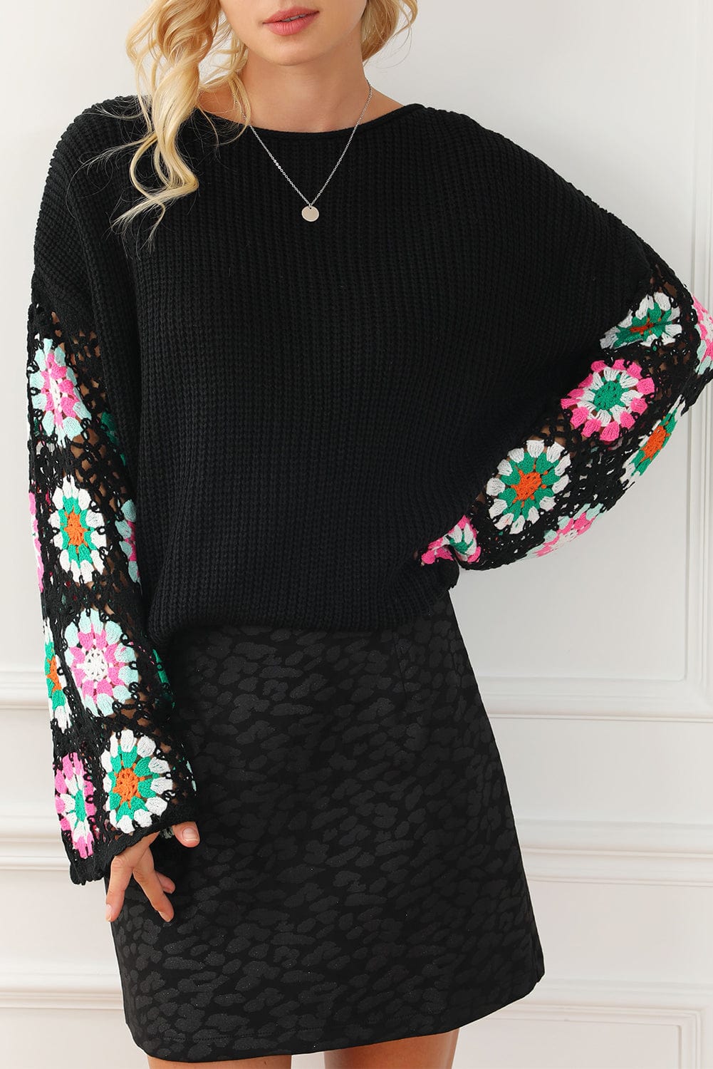 Floral Crochet Sleeve Cozy Black Sweater