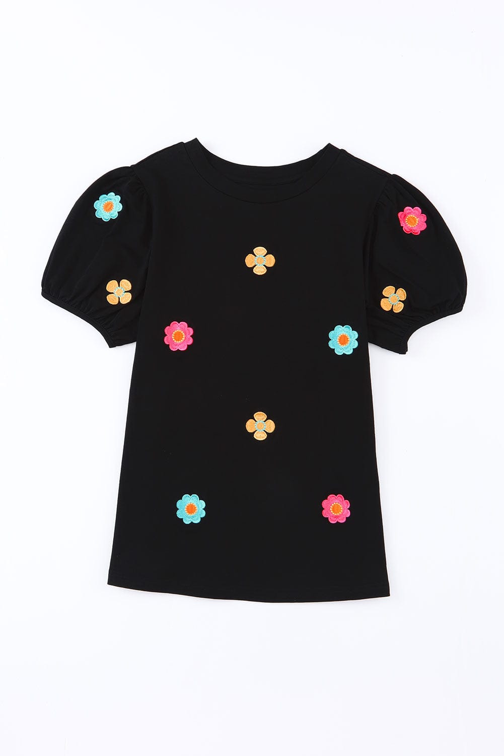 Floral Embroidered Black Puff Sleeve Tee