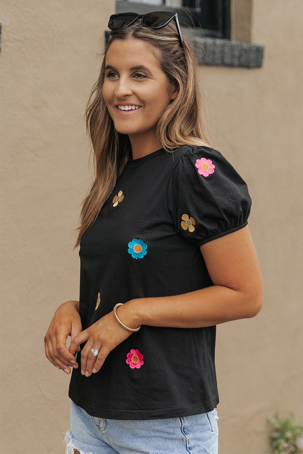 Floral Embroidered Black Puff Sleeve Tee