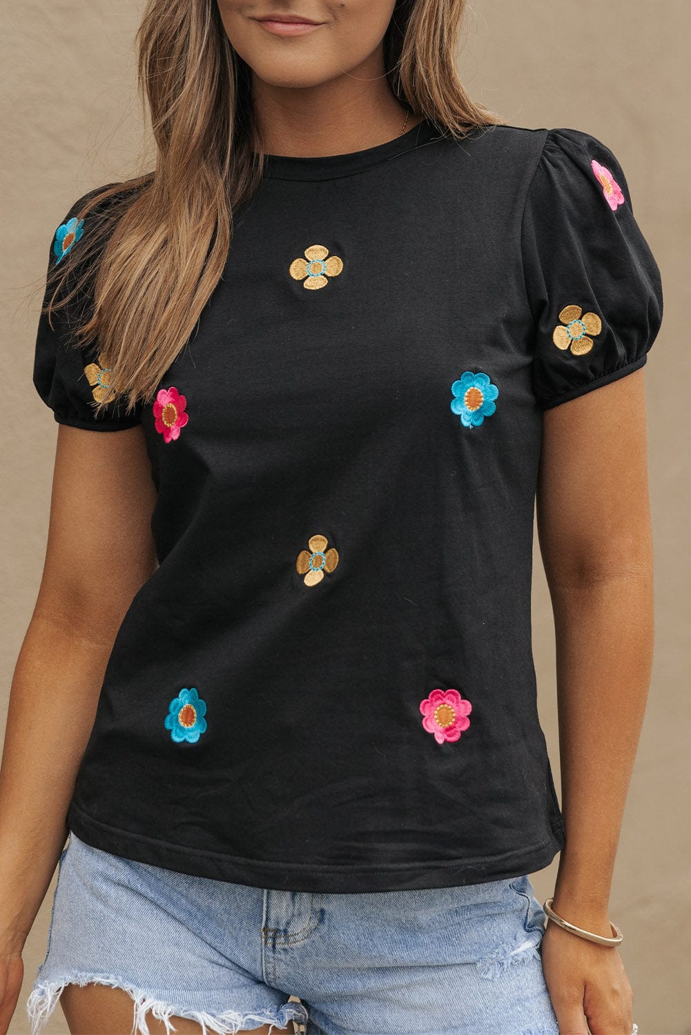 Floral Embroidered Black Puff Sleeve Tee