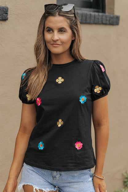 Floral Embroidered Black Puff Sleeve Tee