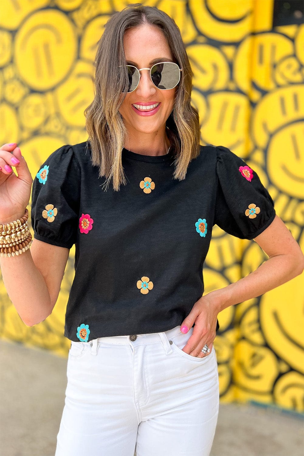 Floral Embroidered Black Puff Sleeve Tee