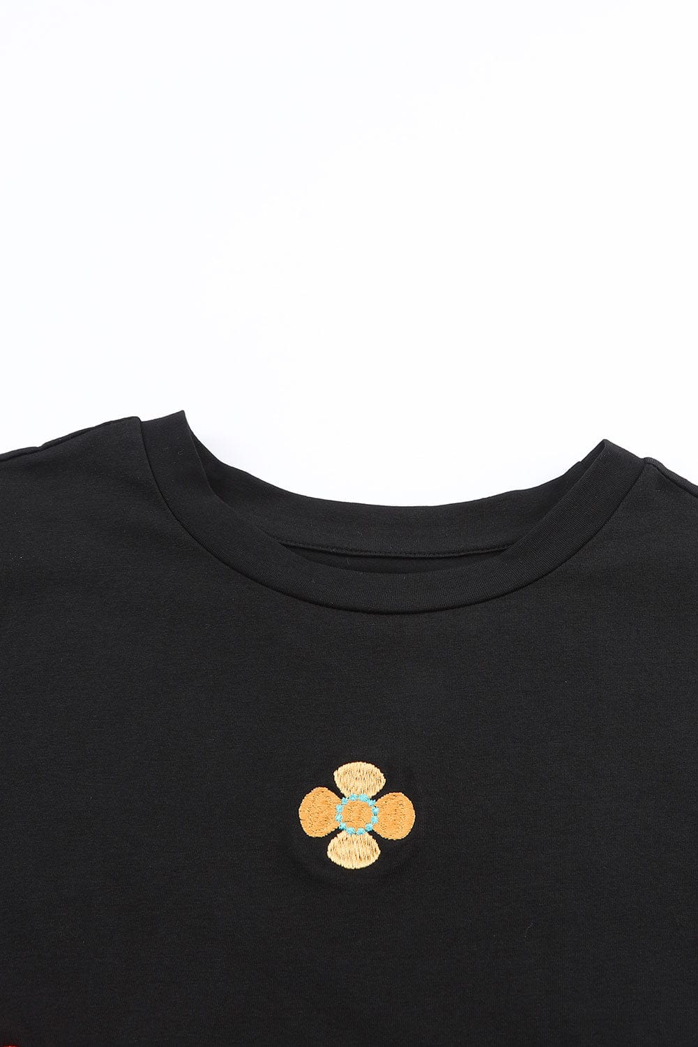 Floral Embroidered Black Puff Sleeve Tee