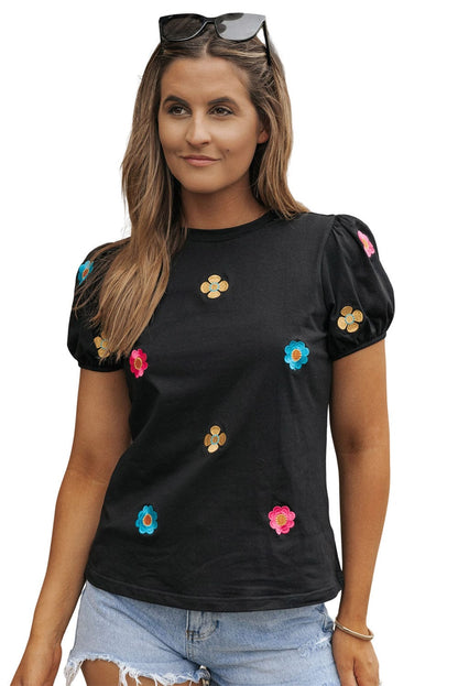 Floral Embroidered Black Puff Sleeve Tee