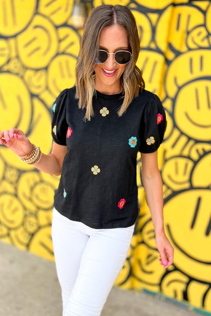 Floral Embroidered Black Puff Sleeve Tee
