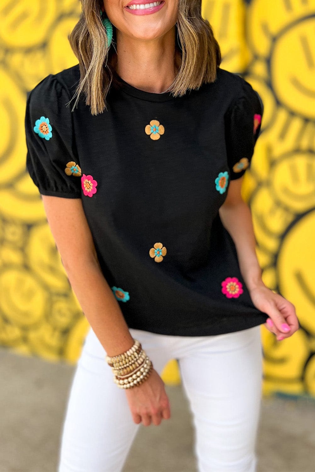 Floral Embroidered Black Puff Sleeve Tee