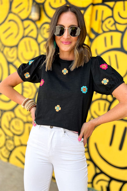 Floral Embroidered Black Puff Sleeve Tee