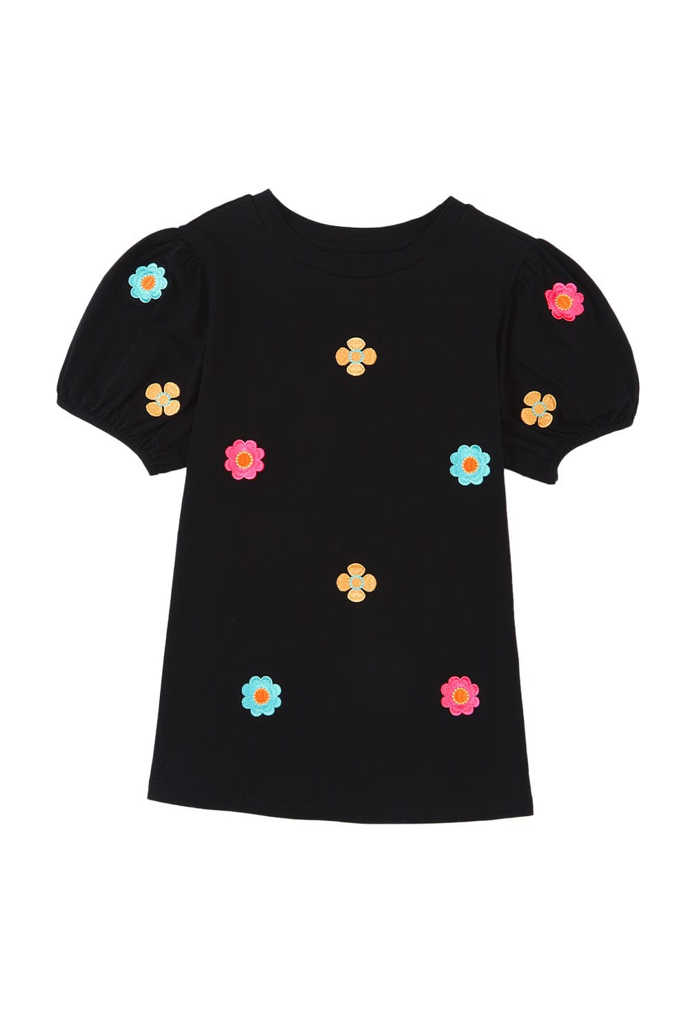 Floral Embroidered Black Puff Sleeve Tee