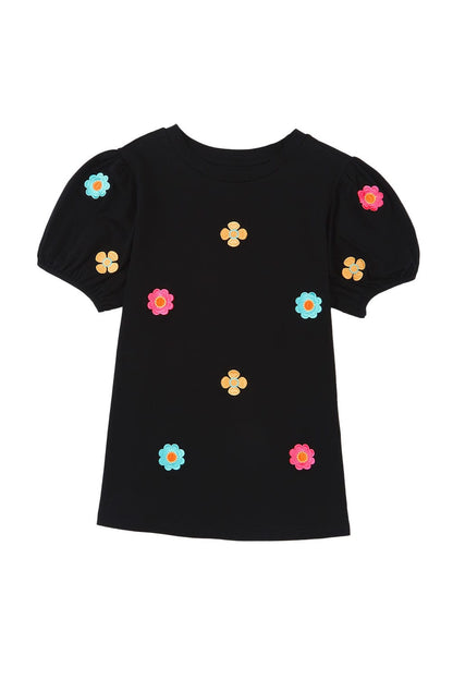 Floral Embroidered Black Puff Sleeve Tee