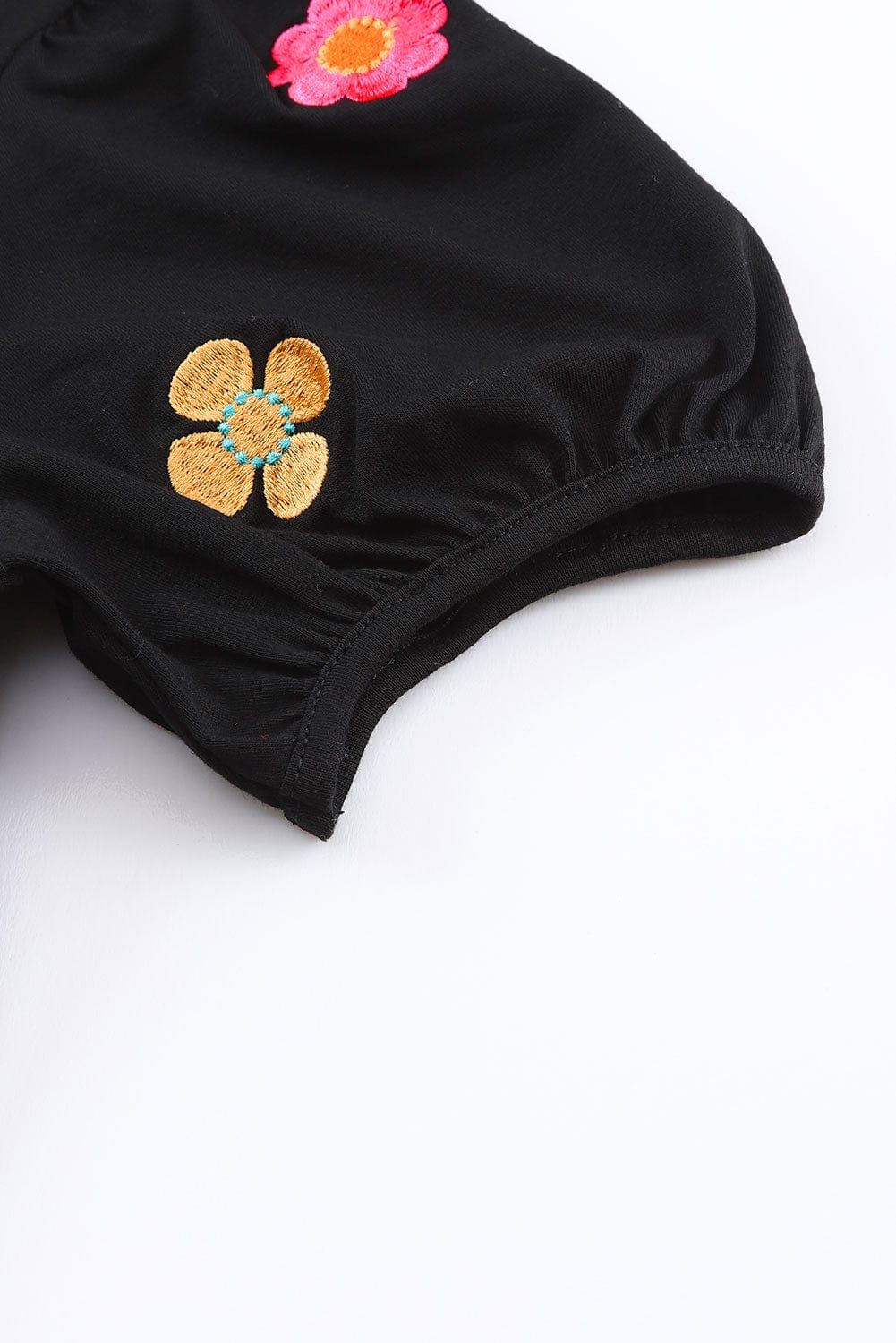 Floral Embroidered Black Puff Sleeve Tee