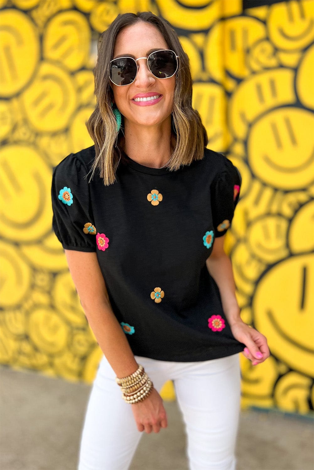 Floral Embroidered Black Puff Sleeve Tee
