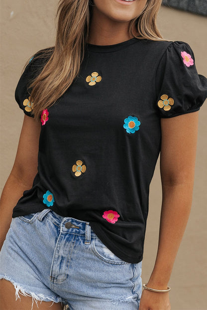 Floral Embroidered Black Puff Sleeve Tee