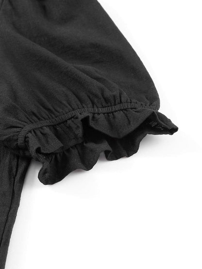 Floral Embroidered Split Neck Puff Sleeve Top