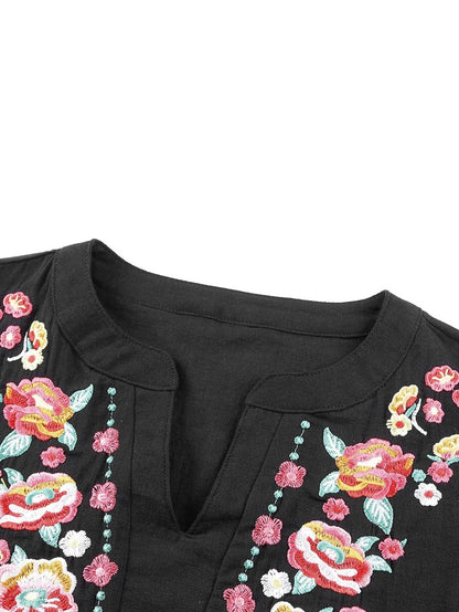 Floral Embroidered Split Neck Puff Sleeve Top